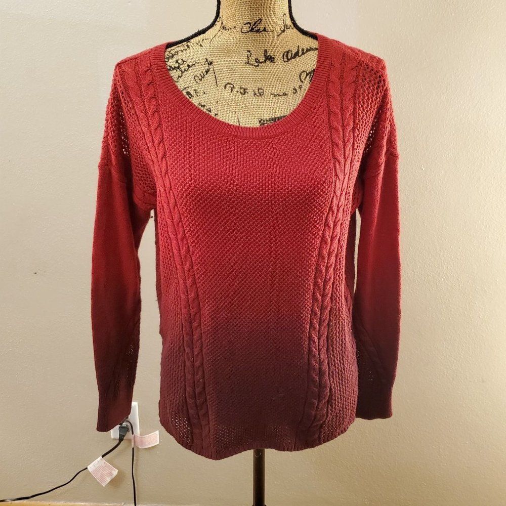 American Eagle Grunge Red Burgundy Ombre Dip Dye Cable Knit Sweater S Y2K